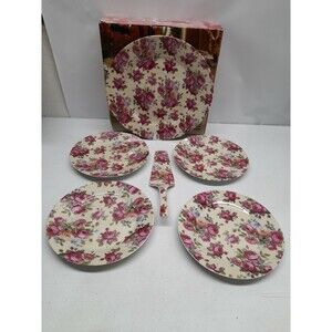 American Atelier Cake Set with Server Dessert Plates Rose Buds 6 pcs
